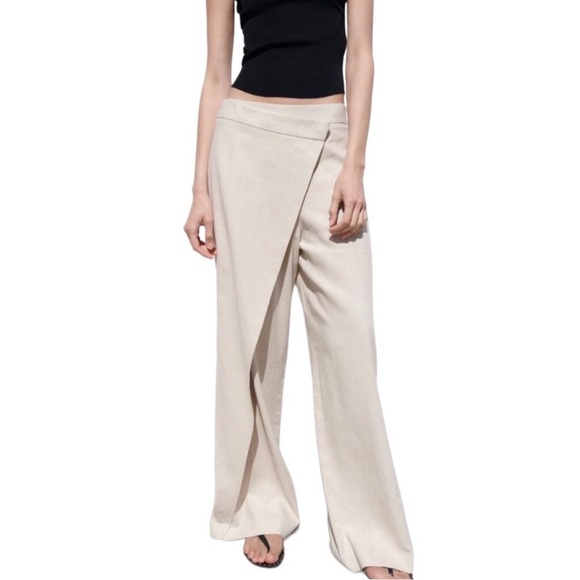 Zara Pareo Wide Leg Asymmetrical Pants Pant M Linen Blend - Picture 2 of 15